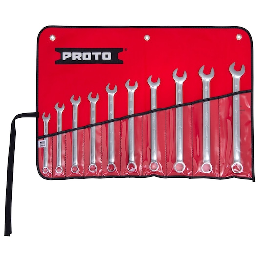 PROTO J1200MHASD-T500 wrench set in red roll-up pouch, photography on white background.