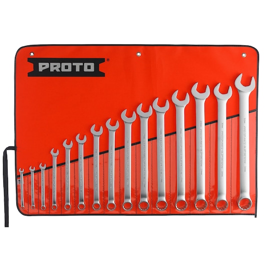 PROTO J1200P-MASD wrench set with 14 pieces in a red roll-up pouch, front angle on white background.