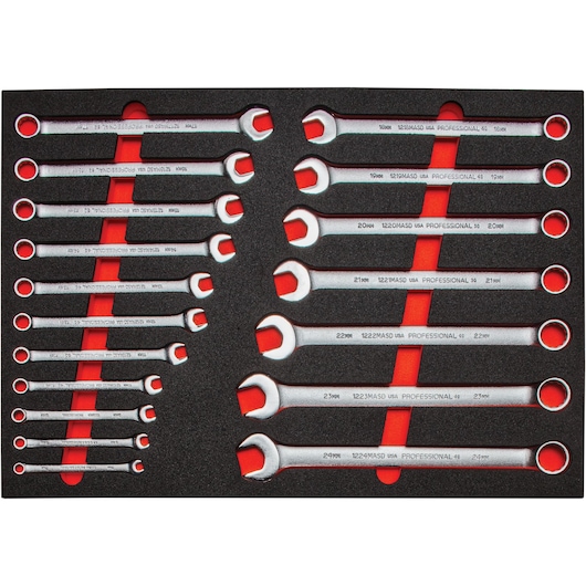 PROTO J1200R-MASDK wrench set in foam tray, top view, showing 16 combination wrenches organized by size.