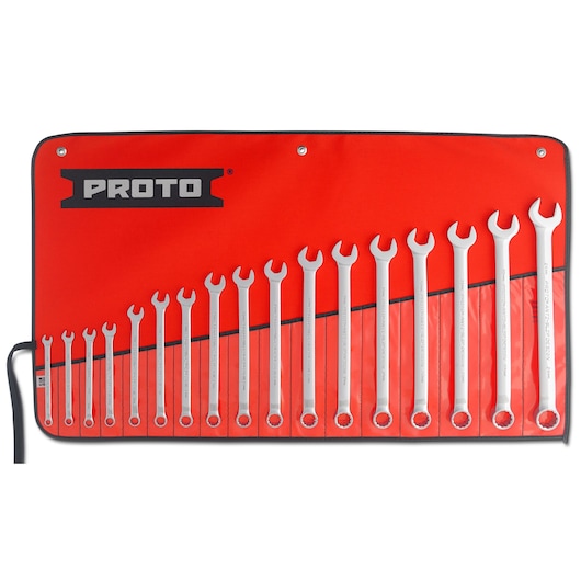 Photo of PROTO J1200RM-T500 combination wrench set with 17 pieces in a red roll-up pouch, front angle.