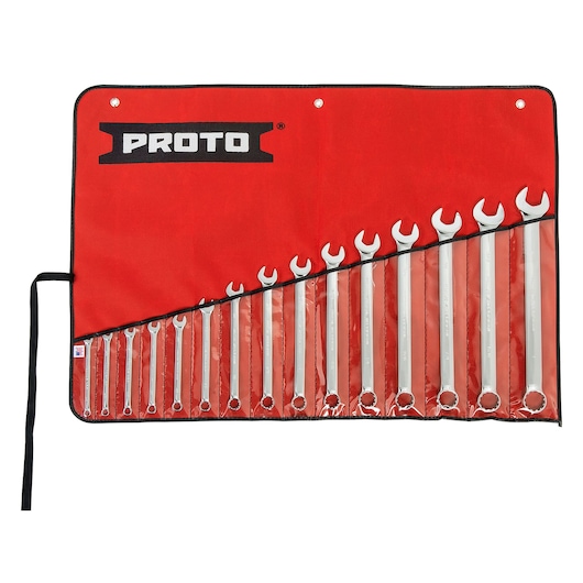 PROTO J1200SPL wrench set in red roll-up pouch, 15 pieces, front view, product photography.