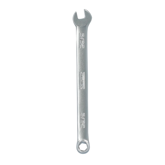 PROTO J1205EFM combination wrench silver with open-end and box-end, top view on white background.