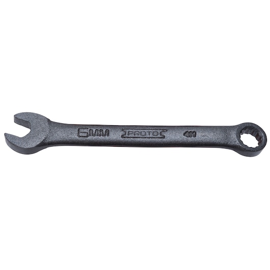PROTO J1206MESB combination wrench 6mm, black finish, flat side view on white background.