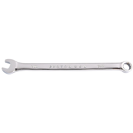 PROTO J1207M-T500 chrome combination wrench, 7mm size, straight angle, photography on white background.