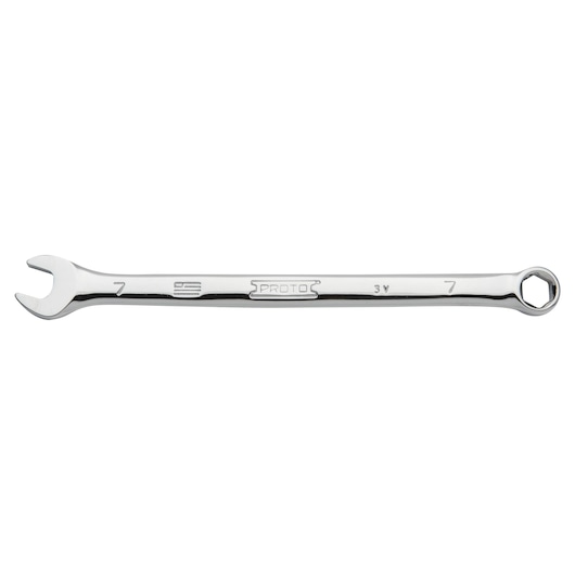 PROTO J1207MH-T500 chrome combination wrench with open and box ends, front angle, white background.