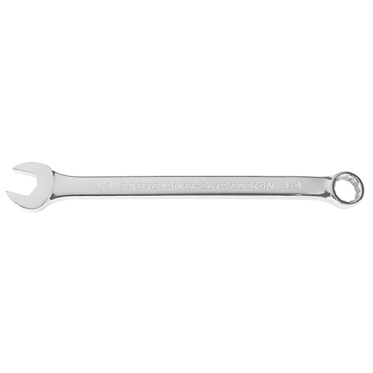 PROTO J1208A combination wrench, polished chrome finish, open-end and box-end, product side view on white background.