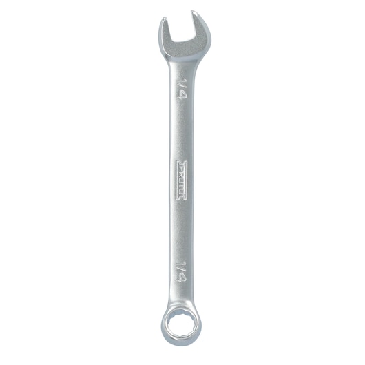PROTO J1208EFM silver combination wrench, 1/4 inch size, overhead angle on white background