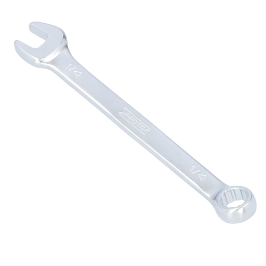 PROTO J1208EFM silver combination wrench with open and box ends, 1/4 inch, top angle photo.