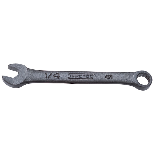 Photo of PROTO J1208ESB black combination wrench, 1/4 inch size, flat lay on white background.