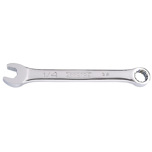 PROTO J1208ES combination wrench, chrome finish, 1/4 inch size, product photography, side angle on white.
