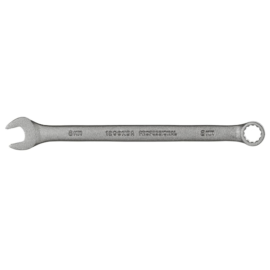 Photo of PROTO J1208MBA combination wrench, silver, 8mm size, flat lay on white background.