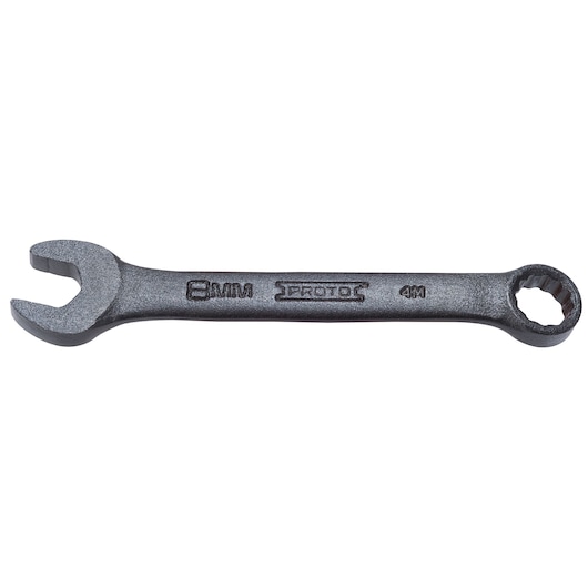 Photo of PROTO J1208MESB 8mm combination wrench, black finish, front angle on white background.
