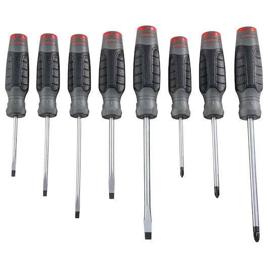 PROTO J1208SC screwdriver set, eight black and gray screwdrivers, front angle, white background.