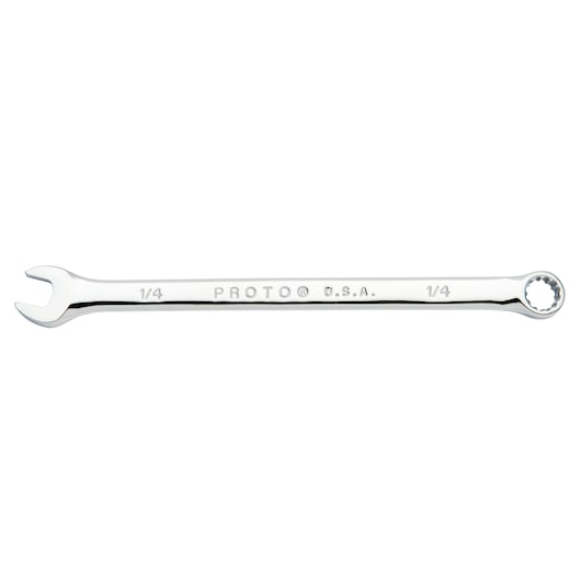 PROTO J1208SPL combination wrench, 1/4 inch, polished chrome, open-end and box-end, side view on white background.