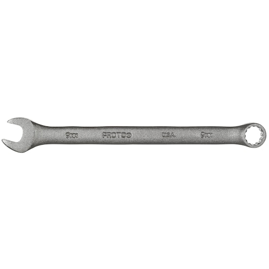 PROTO J1209MBA combination wrench, matte silver, 9mm size, open and box end, top view on white background.