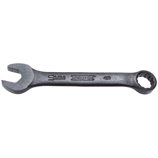 Photo of PROTO J1209MESB combination wrench, 9mm size, black finish, side angle on white background.