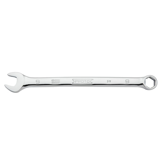 PROTO J1209MH-T500 combination wrench, chrome finish, 9 mm size, photography on white background, side angle.