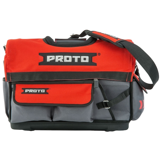 PROTO J120TB tool bag, red and gray fabric with black adjustable shoulder strap, multiple pockets, front angle.