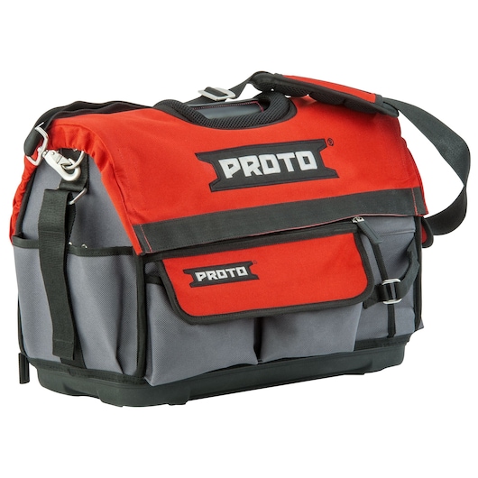Photo of PROTO J120TB tool bag with red and gray fabric, shoulder strap, and multiple exterior pockets, front angle.
