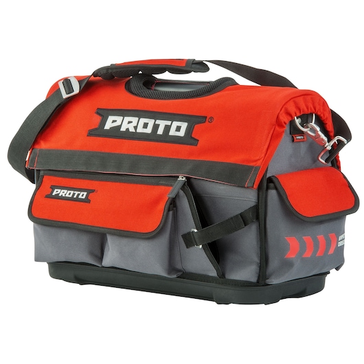 PROTO J120TB tool bag with red and gray fabric, multiple pockets, shoulder strap, front angle on white background.