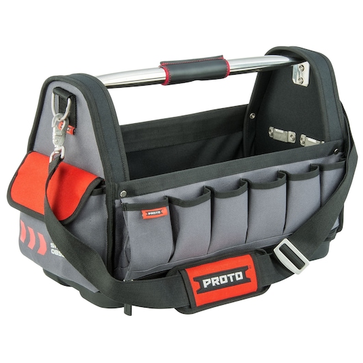PROTO J120TB tool bag with gray and red fabric, open design, multiple pockets, and metal handle, front angle.