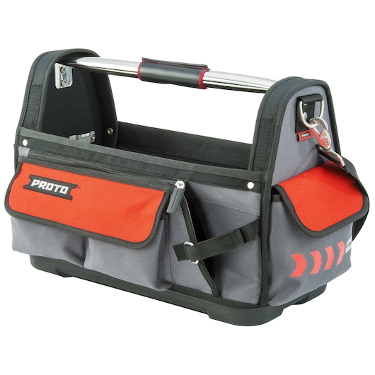 PROTO J120TB tool tote bag, gray and red fabric, open top, exterior pockets, side view, white background.