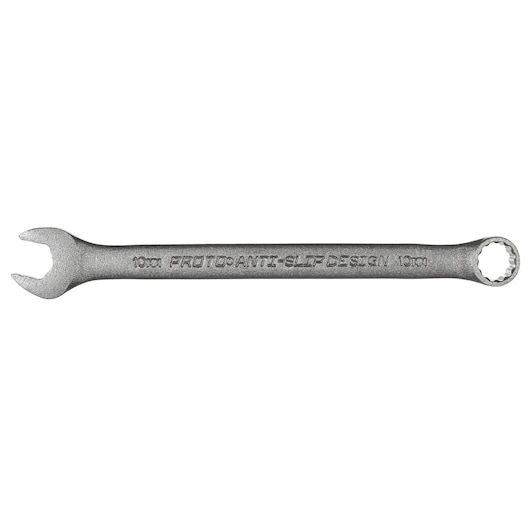 PROTO J1210MBASD silver combination wrench, 10mm, anti-slip design, product photography, side angle
