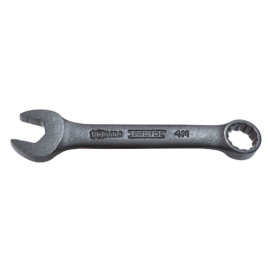 PROTO J1210MESB combination wrench with open and box ends, 10mm, steel, top view on white background.