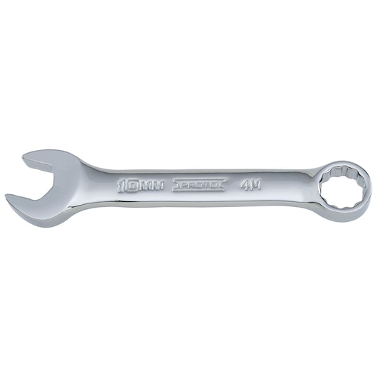 Photo of PROTO J1210MES combination wrench, 10mm, chrome finish, product shown on white background, top angle.