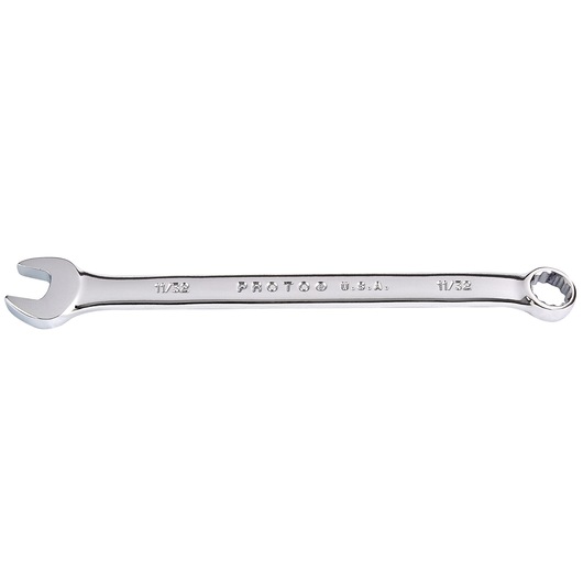 PROTO J1211-T500 combination wrench, chrome finish, 11/32 inch size, top view on white background.
