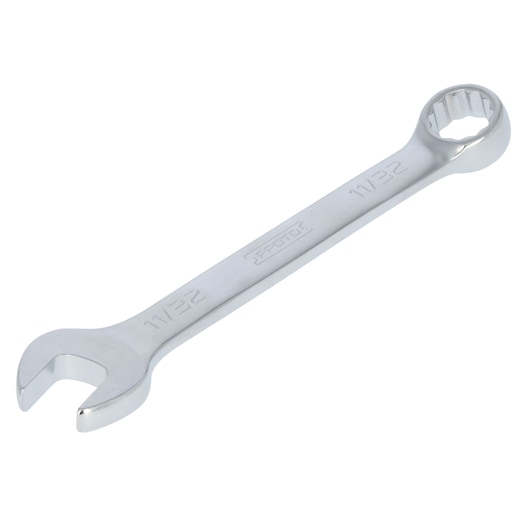 PROTO J1211EFM combination wrench, chrome finish, 11/32 size, top angle, tool category.