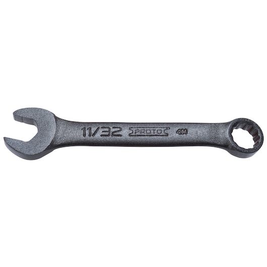 Photo of PROTO J1211ESB combination wrench, 11/32 inch, black finish, flat lay on white background.