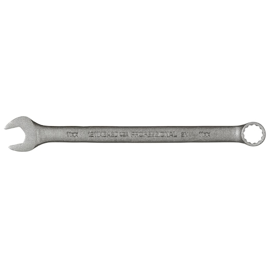Photo of PROTO J1211MBASD combination wrench, matte silver finish, 11mm, open and box end, overhead angle.