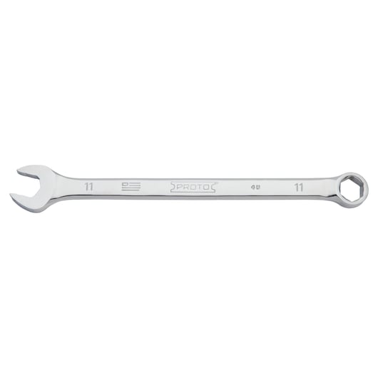 PROTO J1211MH-T500 combination wrench with open and box end, silver finish, front angle, photography.