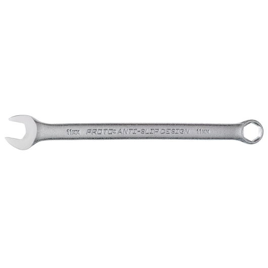PROTO J1211MHASD combination wrench 11mm with anti-slip design, front angle, silver metal finish on white background.