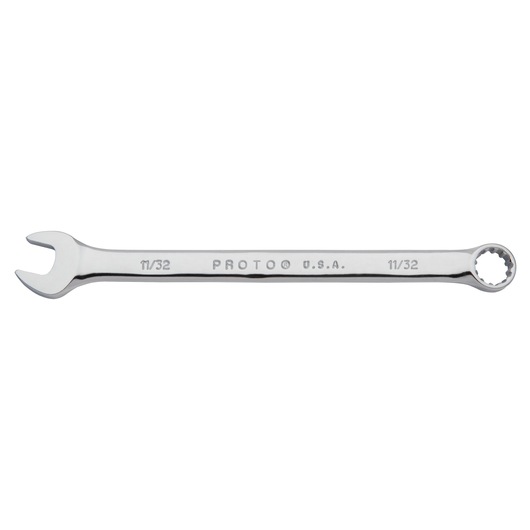 Photo of PROTO J1211SPL combination wrench 11/32 inch, chrome finish, front angle on white background.