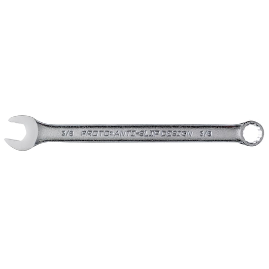 Photo of PROTO J1212ASD combination wrench, silver finish, 3/8 inch size, top view on white background.
