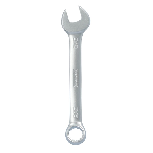 PROTO J1212EFM silver combination wrench with open and box ends, 3/8 size, top view on white background.