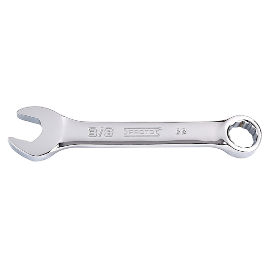 PROTO J1212ES combination wrench, 3/8 inch, polished chrome finish, horizontal angle on white background.