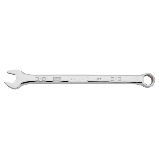 PROTO J1212H-T500 combination wrench, chrome finish, 3/8 inch, flat lay on white background.