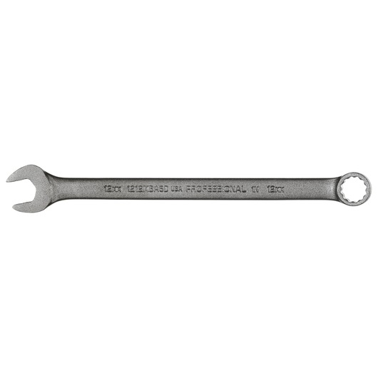 PROTO J1212MBASD combination wrench with open and box ends, silver finish, top angle, tool photography