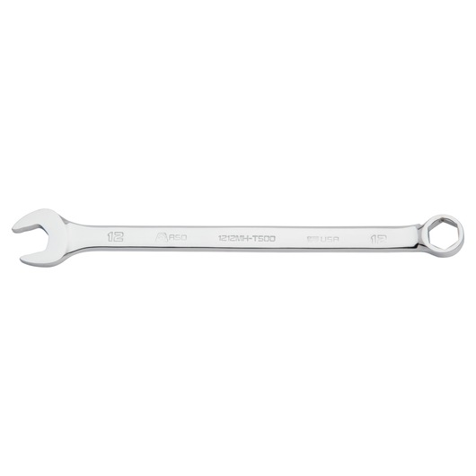 PROTO J1212MH-T500 combination wrench, polished chrome, open and box end, white background, side view