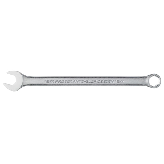 PROTO J1212MHASD combination wrench with open and box end, silver finish, top view, on white background.