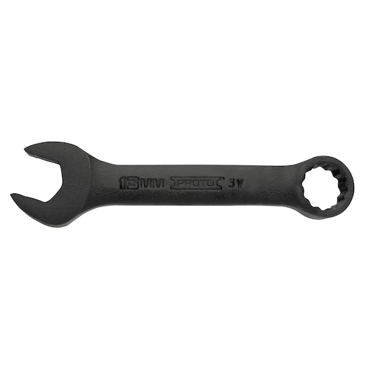 Photo of PROTO J1213MESB black 13mm combination wrench with open-end and box-end, flat lay on white background.