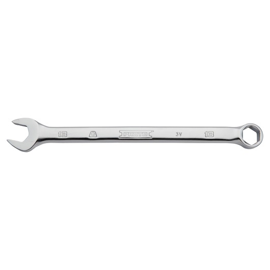 PROTO J1213MH-T500 combination wrench, chrome finish, 13mm size, photography, top angle on white background.