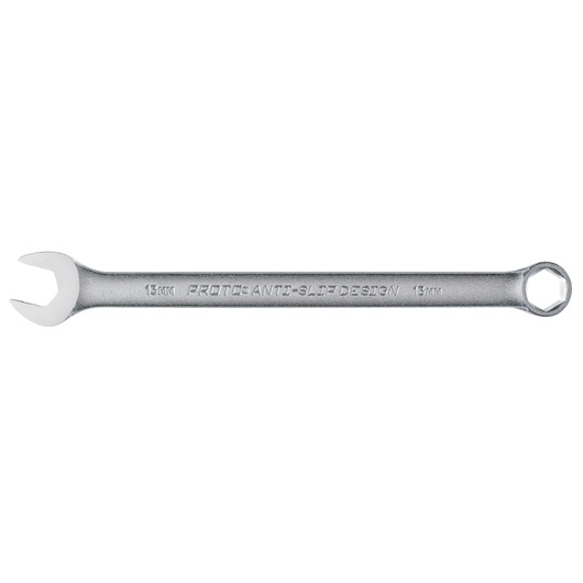 PROTO J1213MHASD 13mm anti-slip combination wrench, silver, side angle, hand tool photography.
