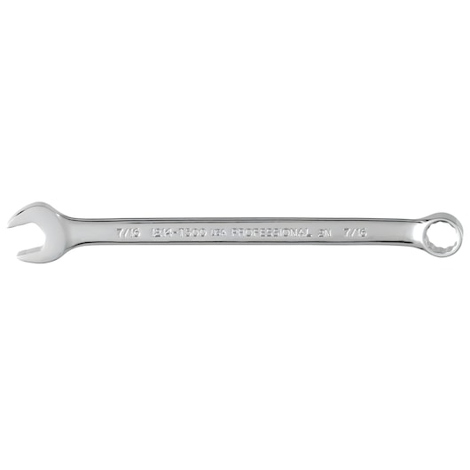 PROTO J1214-T500 combination wrench, silver, 7/16 inch size, flat lay angle on white background.