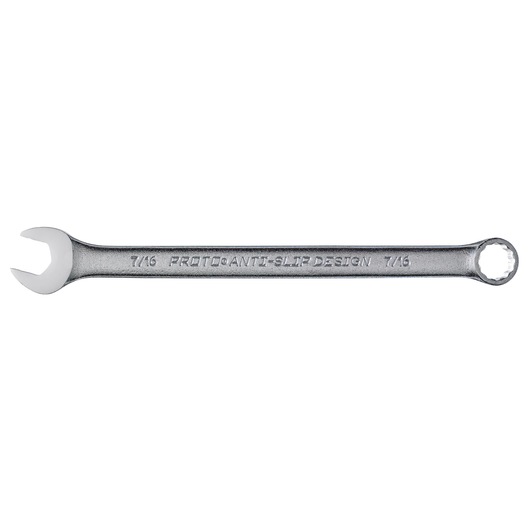 PROTO J1214ASD combination wrench, chrome finish, 7/16 inch size, front angle on white background.