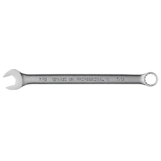 PROTO J1214ASD combination wrench, 7/16 inch, silver finish, product side view on white background.
