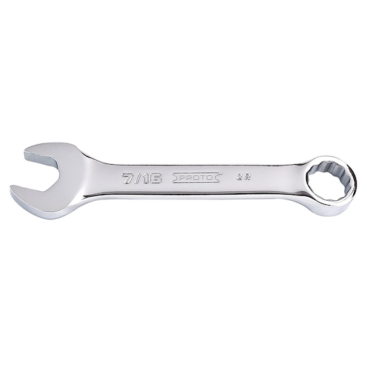 PROTO J1214ES chrome combination wrench, 7/16 size, product side view on white background.